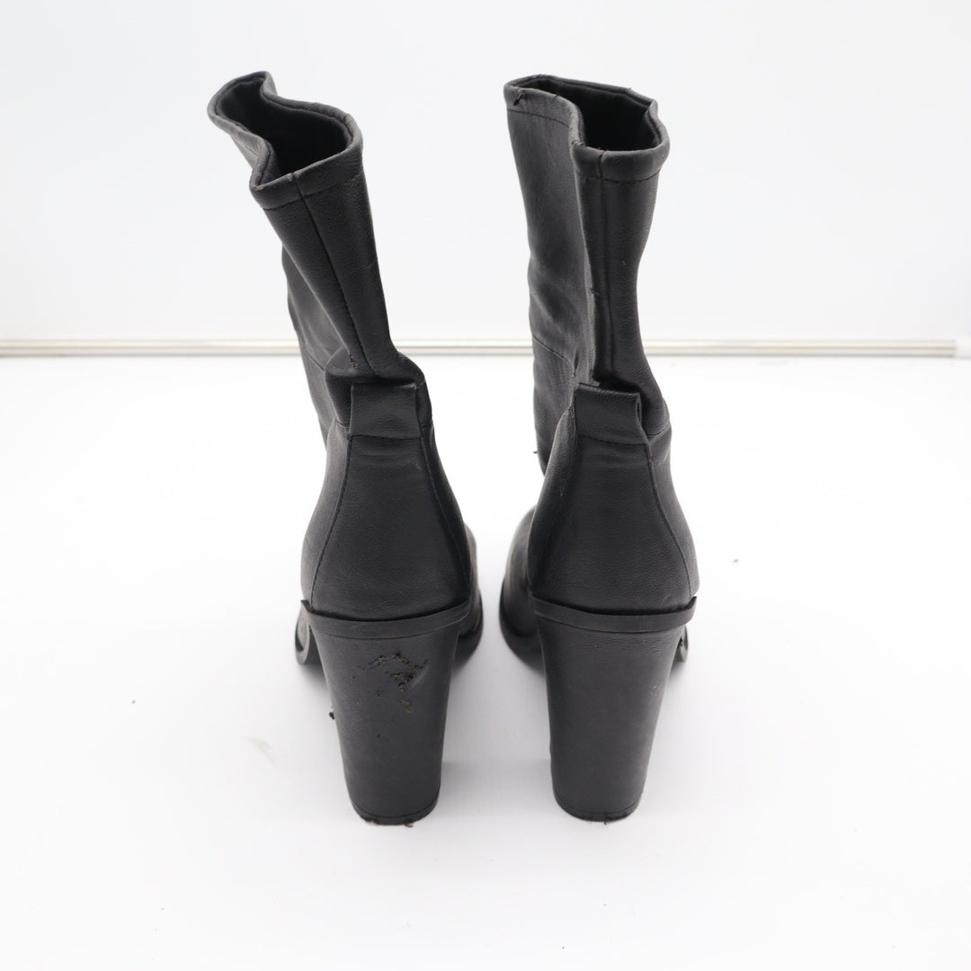 Black Faux Leather Mid-Calf Block Heel Boots Round Toe Size 9 Slouchy Pull On