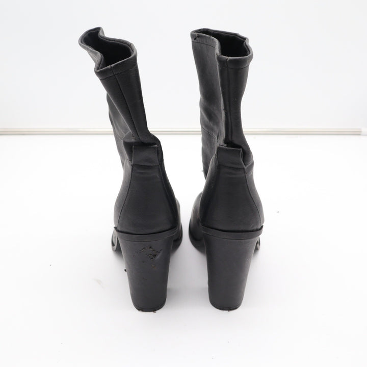 Black Faux Leather Mid-Calf Block Heel Boots Round Toe Size 9 Slouchy Pull On