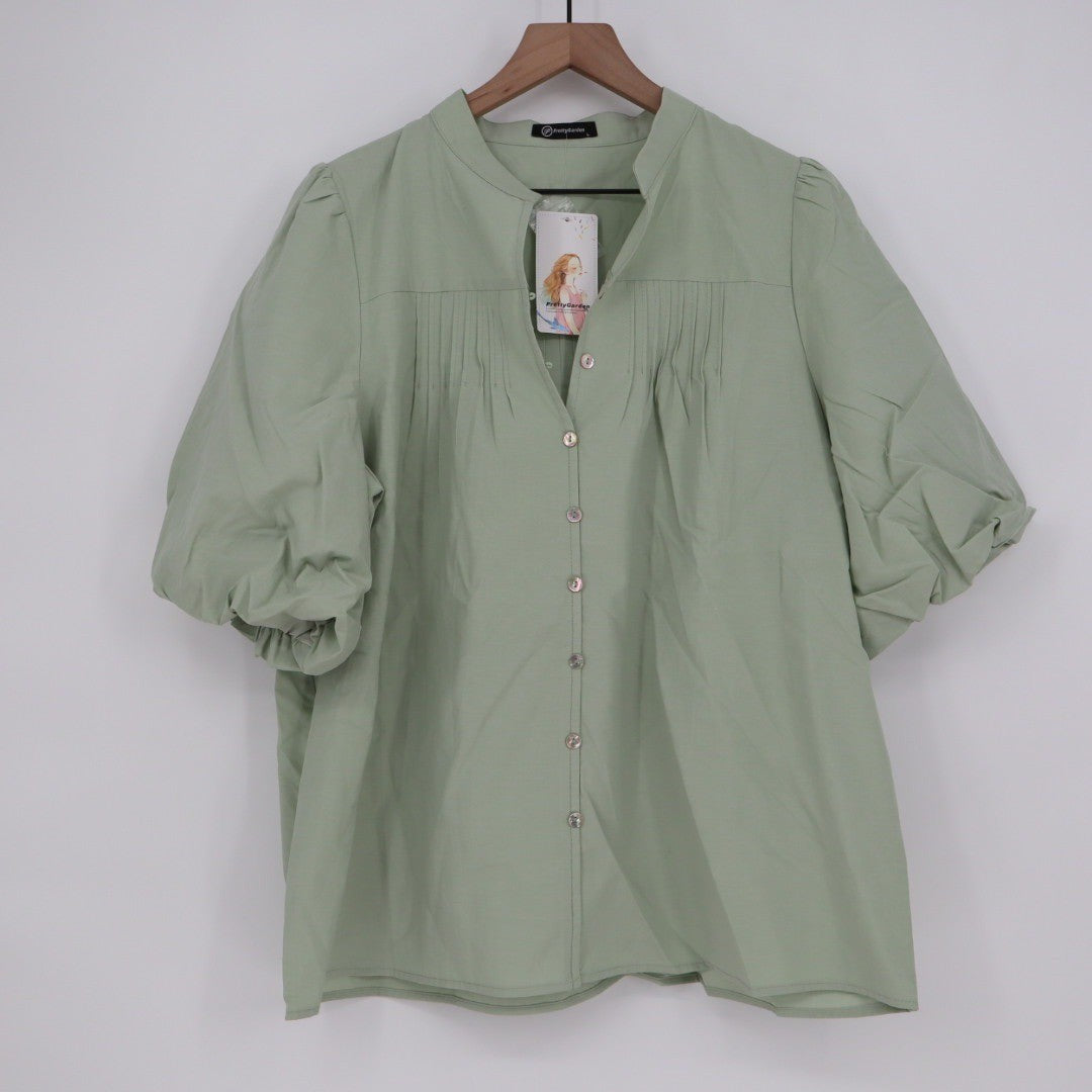 Women's Short Sleeve Pleated Button Up Shirt Light Green Size L
