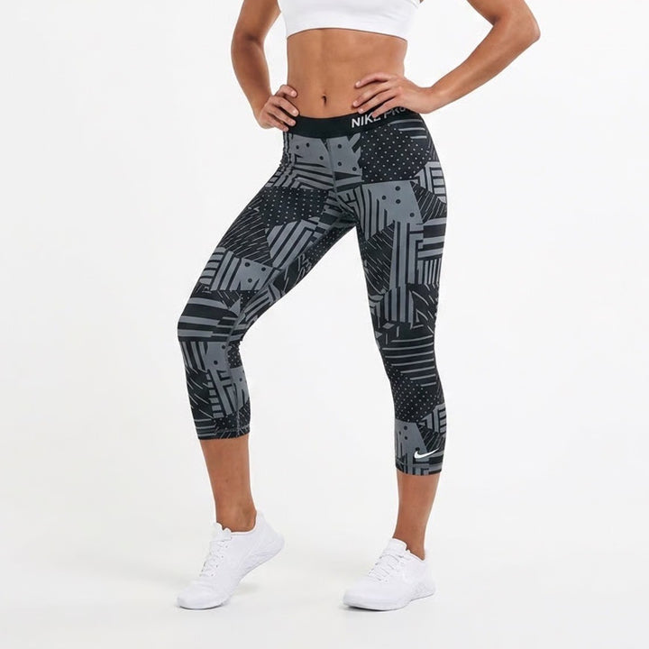 Nike Pro Dri-FIT Grey Black Geometric Patchwork Cropped Leggings Womens Medium
