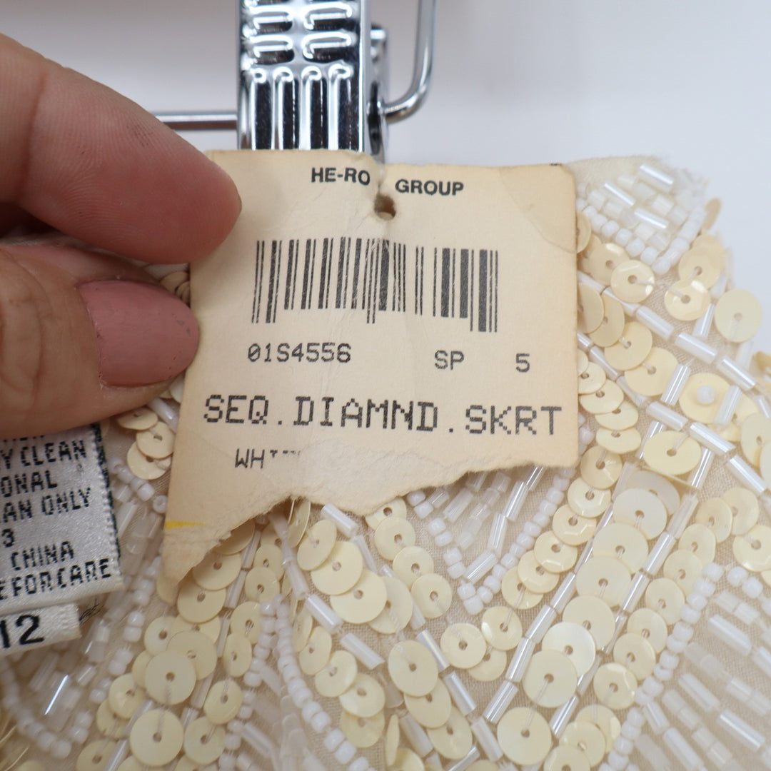 Oleg Cassini Black Tie Vintage Silk Beaded Sequin Diamond Mini Skirt Cream 12