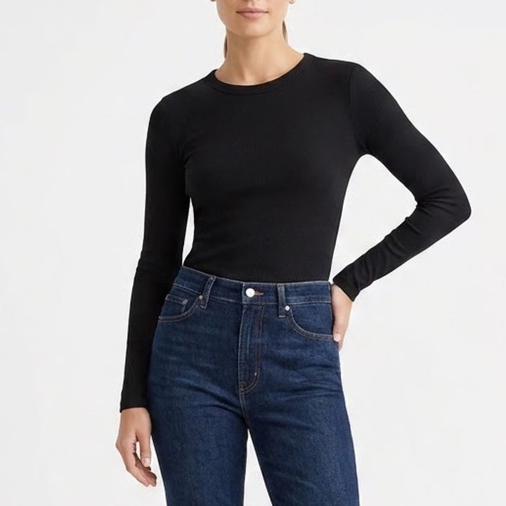 H&M Black Ribbed Long Sleeve Crewneck Top Modal Cotton Blend Size M