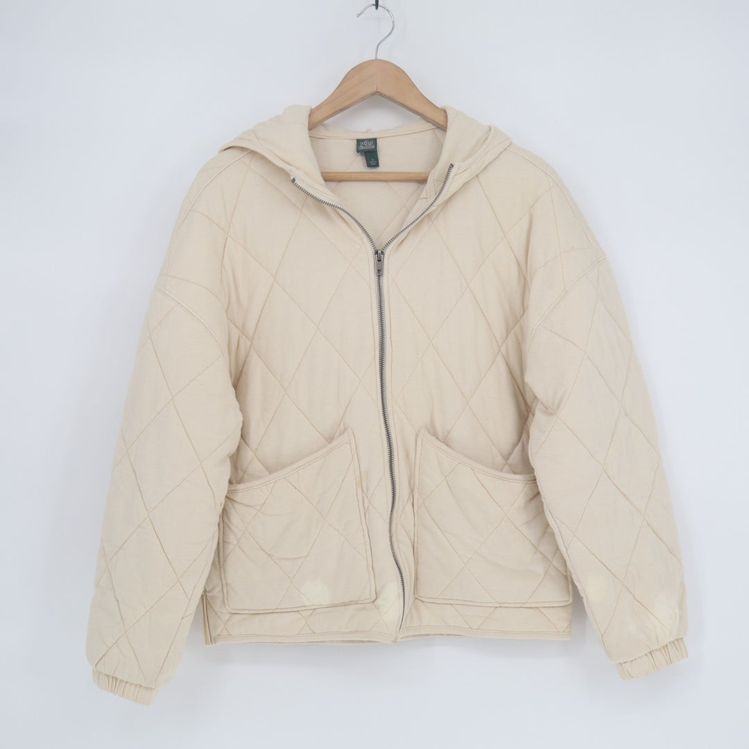 Wild Fable Quilted Jacket Womens Small Cream Full Zip Cotton Hooded Long Sleeve