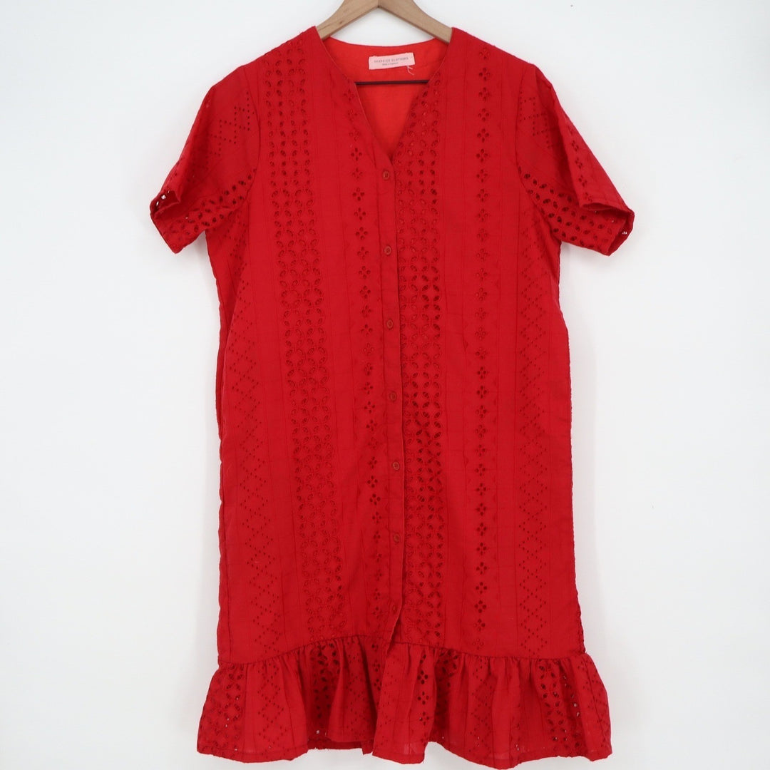 Beatrice Clothing Red Eyelet Lace Button Front Ruffle Hem Dress Short Sleeve