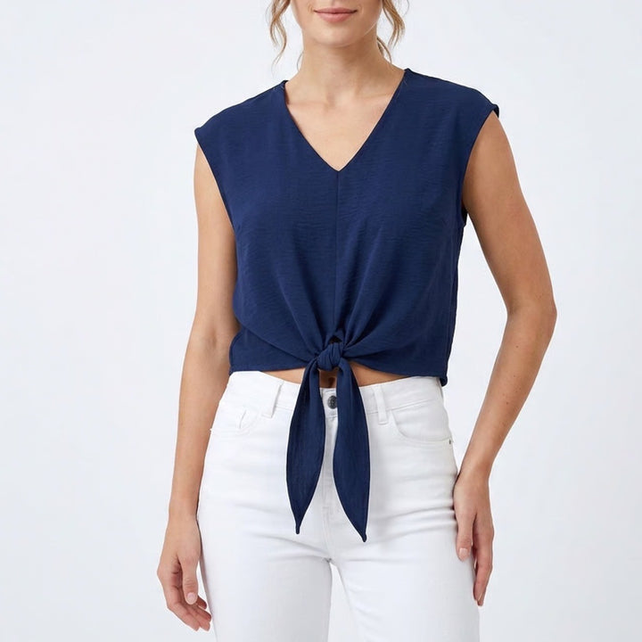 PrettyGarden Navy Blue V-Neck Tie Front Crop Top Smocked Back Blouse Large