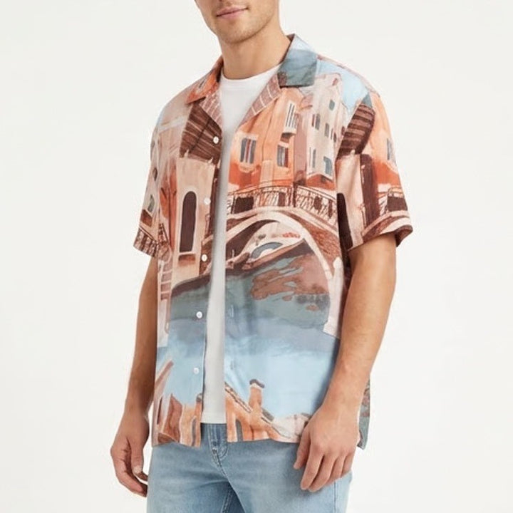 H&M Mens Scenic Canal Print Lyocell Short Sleeve Button Up Shirt Blue Orange M