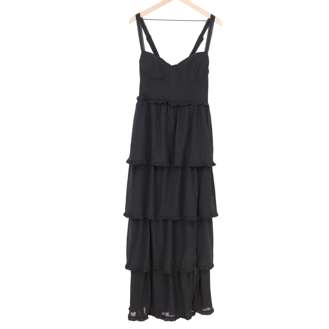 Lulus Black Tiered Ruffle Maxi Dress XL Bustier Lace Up Back Formal Gown 6299