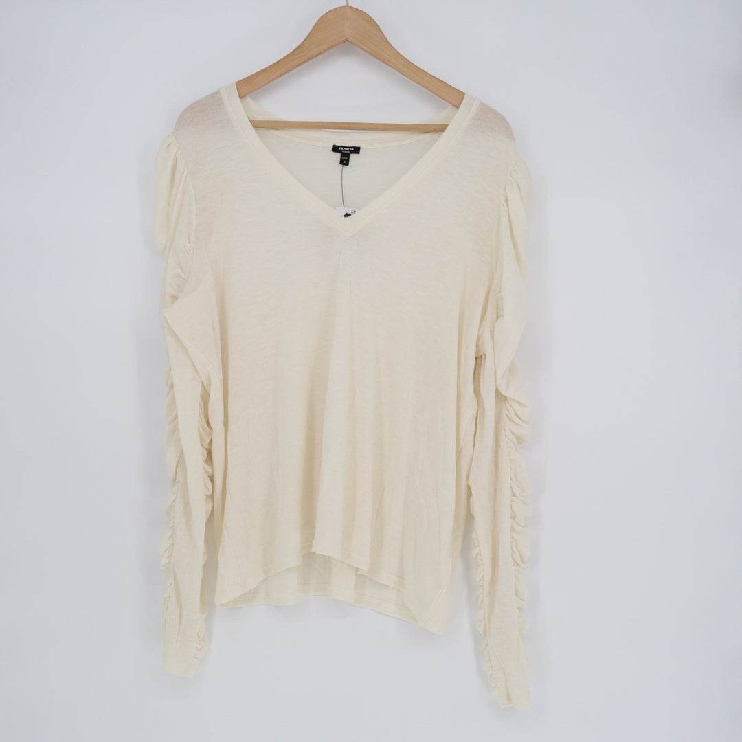 Express Skimming T-Shirt Womens XL Beige Stretch Ruched Sleeve V-Neck Pullover