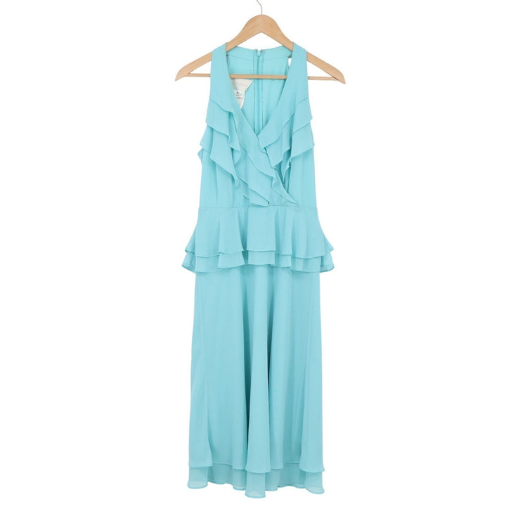 Davids Bridal Aqua Blue Peplum Ruffle Sleeveless Midi Formal Dress Size 4