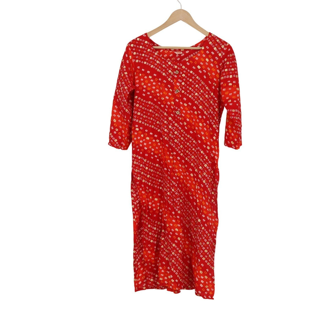 MR Red Bandhani Print Kurta Tunic Gold Foil Accents 3/4 Sleeve Size M