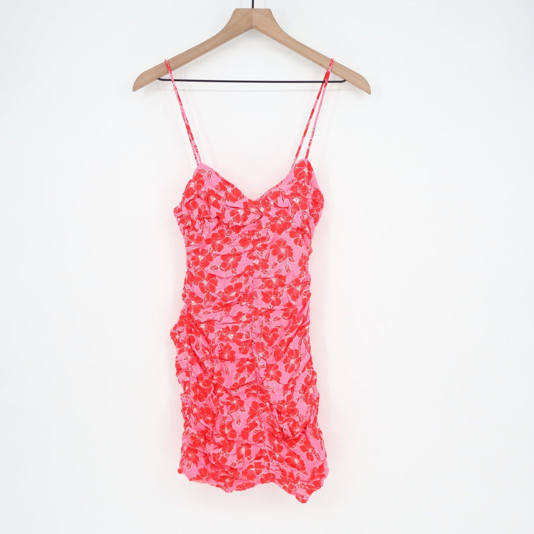 Zara Mini Dress Womens XS Pink Floral Draped Sleeveless Summer Trendy Ruched