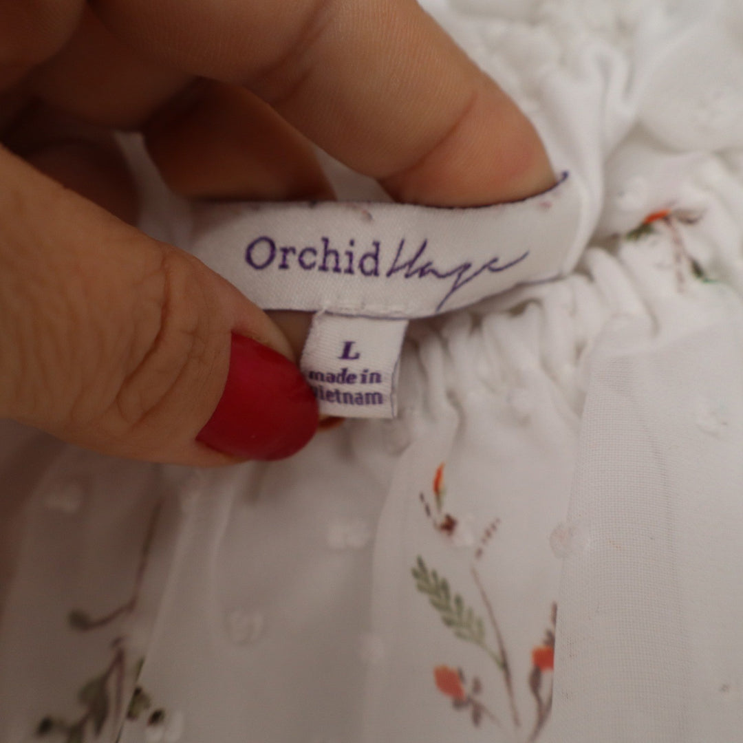 Orchid Haze Floral Swiss Dot Peasant Blouse White Puff Sleeve Womens L