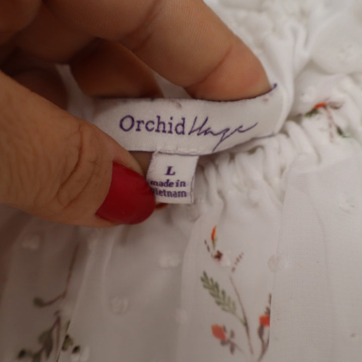 Orchid Haze Floral Swiss Dot Peasant Blouse White Puff Sleeve Womens L