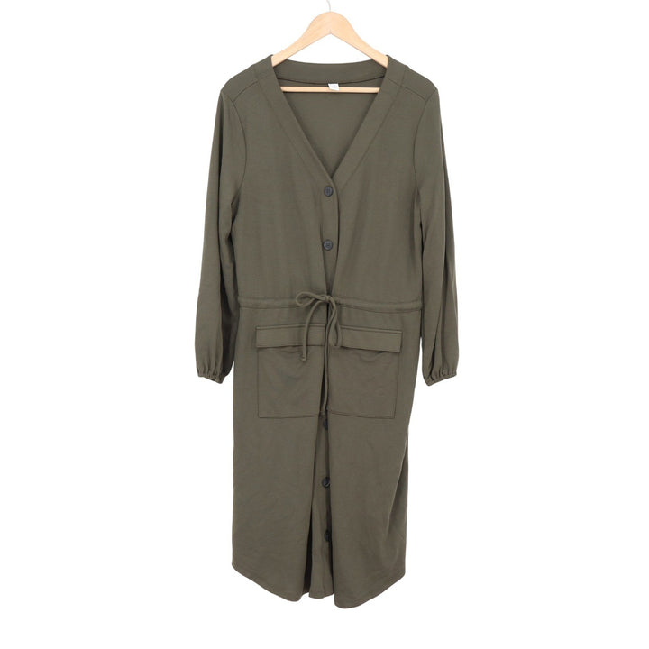 Old Navy Womens Olive Green Button Front Utility Midi Dress Large Drawstring L