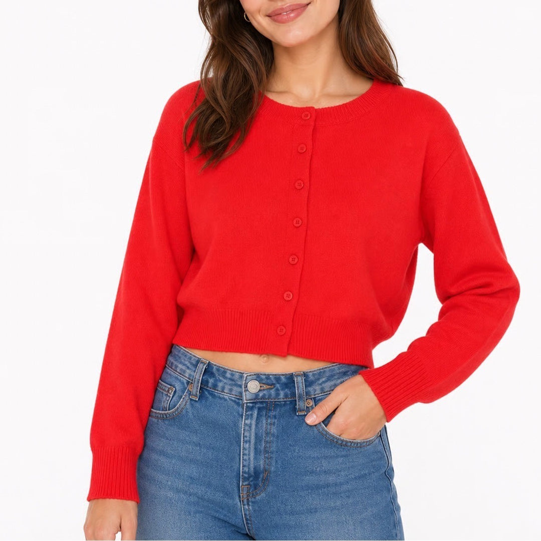 Red Cropped Button Front Cardigan Sweater Womens Size M Crew Neck Long Sleeve