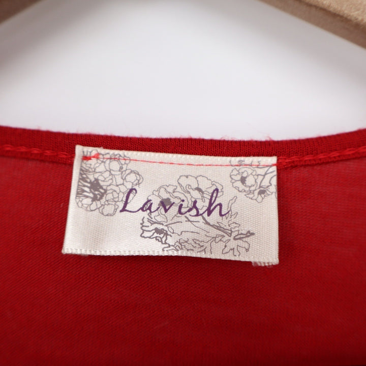 Lavish Red Ruffle Trim Open Front Cardigan Long Sleeve Lightweight Knit Sweater