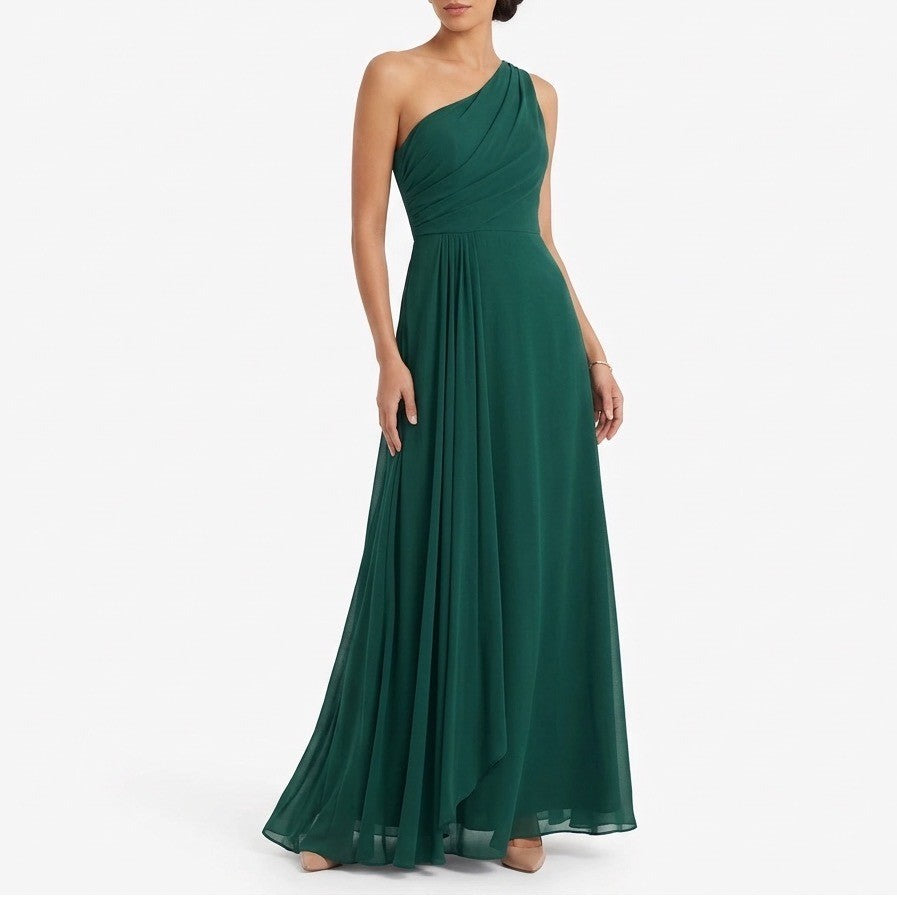 Maxi Bridesmaid Dress Womens Sage Green Pleated One Shoulder Front Slit