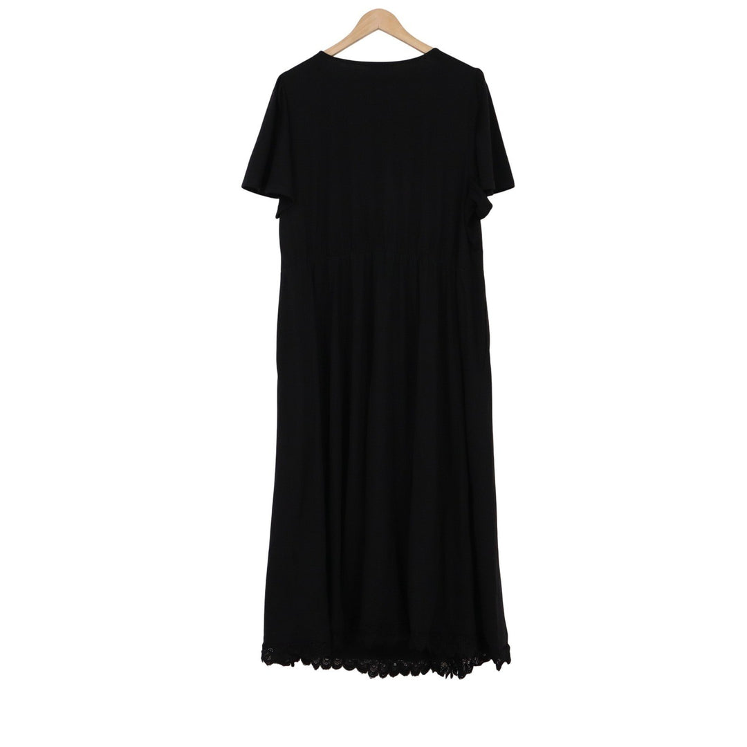Bloomchic Black Lace Trim V-Neck Midi Dress Plus Size 18-20 Short Sleeve