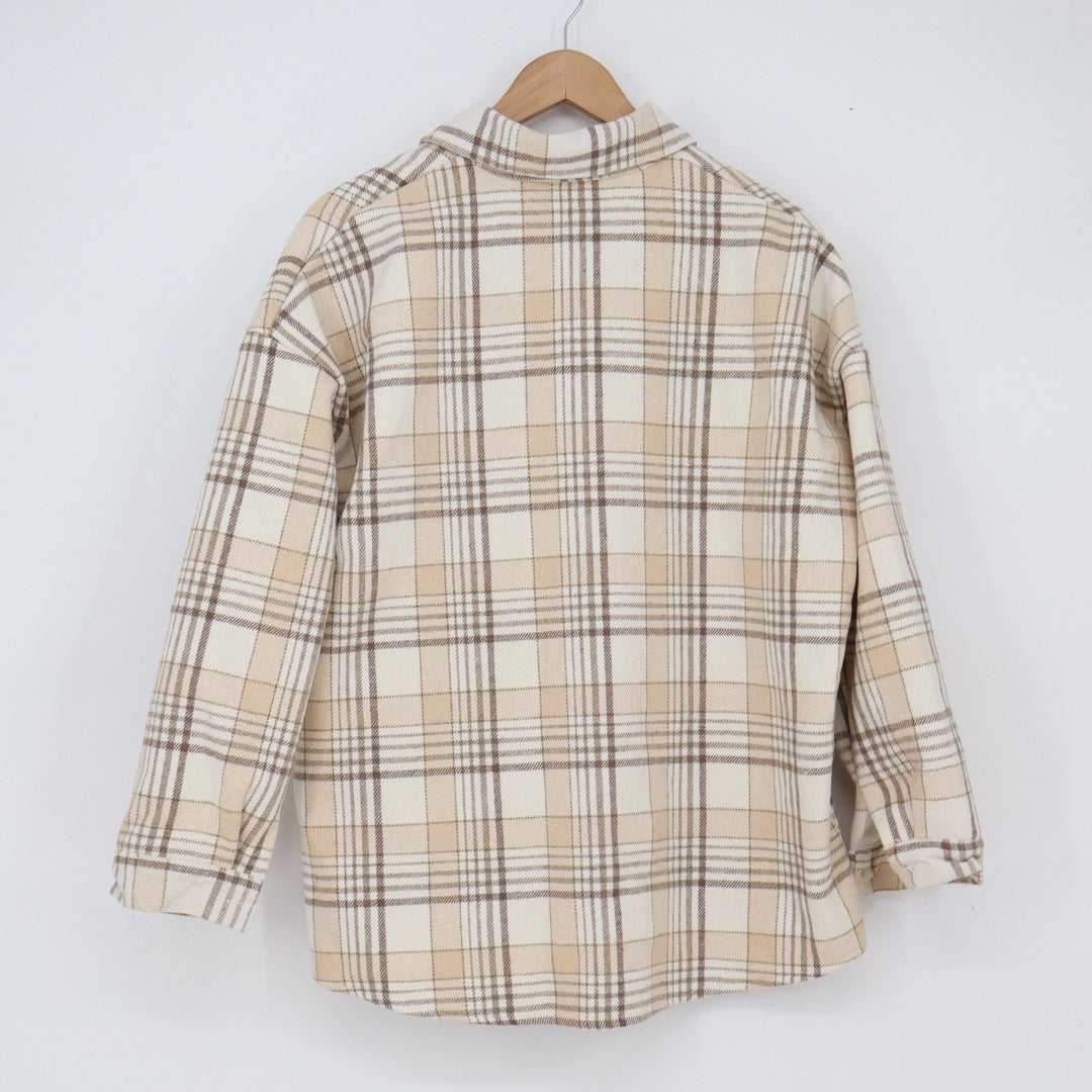Unbranded Shacket Women M Plaid Cream Tan Sherpa Lined Button-Down Excellent