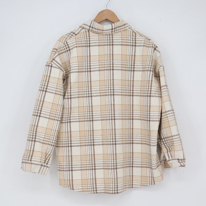 Unbranded Shacket Women M Plaid Cream Tan Sherpa Lined Button-Down Excellent