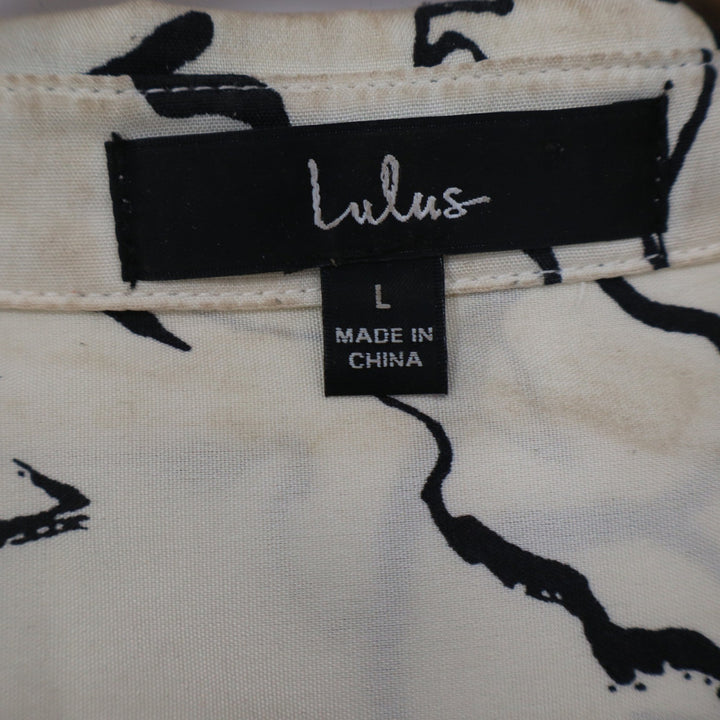 Lulus Cream Black Floral Line Art Button Up Blouse Long Sleeve Large 10814