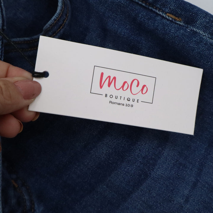 MoCo Boutique Tummy Control Barrel Jeans Medium Wash Blue High Rise 11/30 NEW