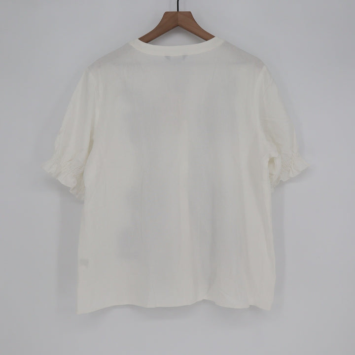 BTFBM Womens XL White Navy Blue Floral Embroidered Button Down Blouse
