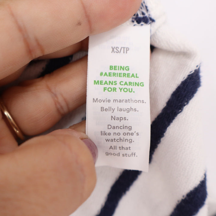 Aerie Women's Navy White Striped Long Sleeve Polo Shirt Cotton Relaxed XS