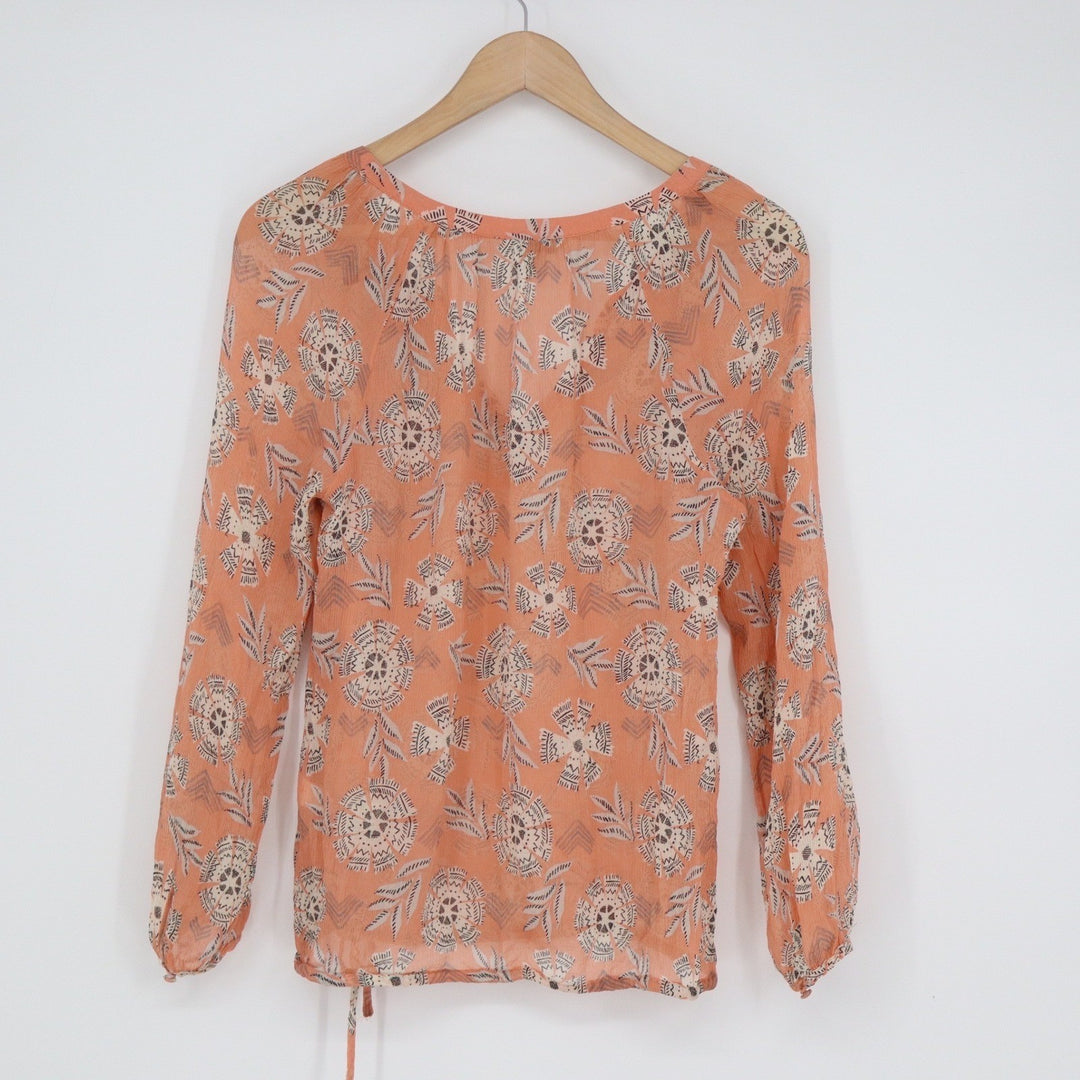 Lucky Brand Orange Coral Medallion Print Peasant Top Long Sleeve Small