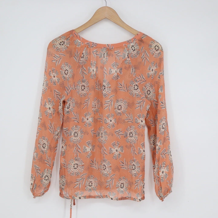 Lucky Brand Orange Coral Medallion Print Peasant Top Long Sleeve Small