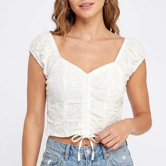 Japna Cropped Top Womens Medium White Smocked Back Cap Sleeve Tie-Front Detail