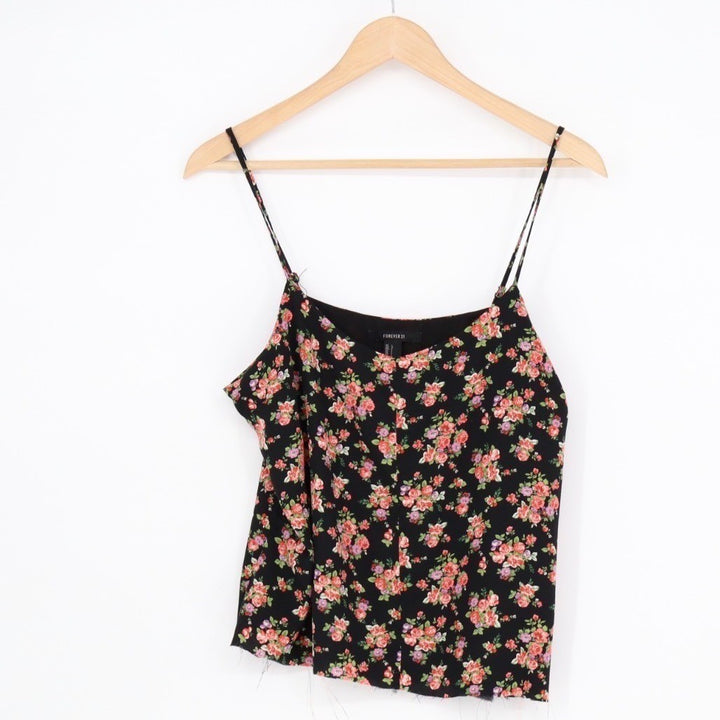 FOREVER 21 Crop Top Women Large Black Floral Adjustable Spaghetti Strap Pullover