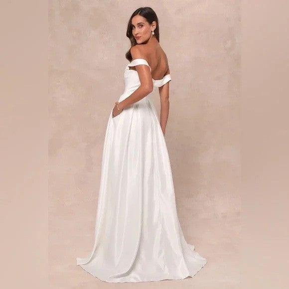 Lulus Extraordinary Vow White Off-The-Shoulder Maxi Dress With Pockets Size XL