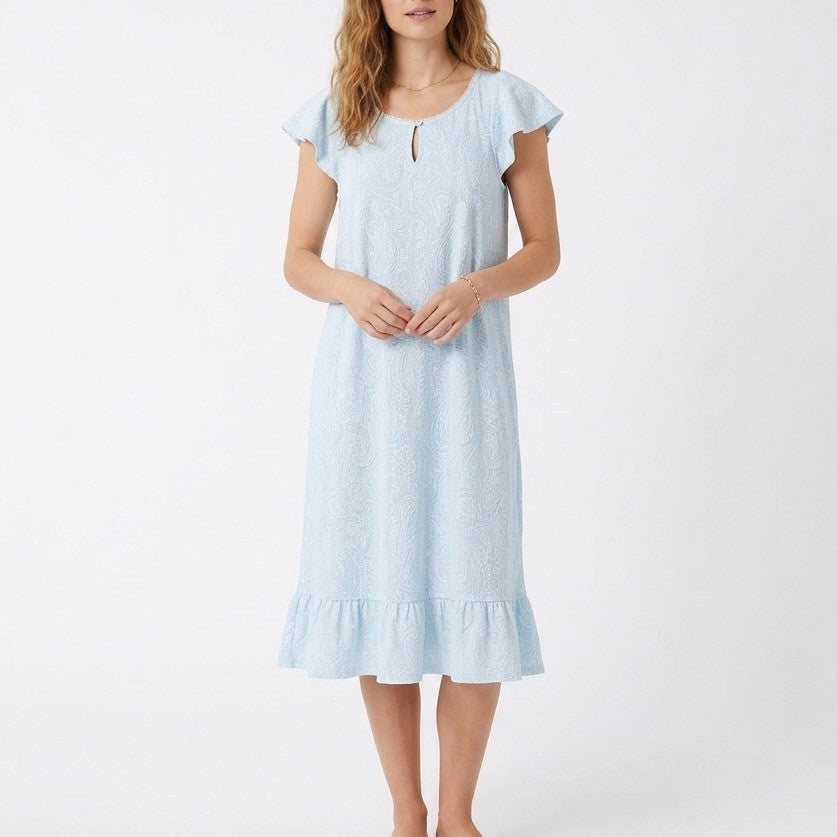 Charter Club Intimates Nightgown Womens Small Blue Floral Slit Neck Cap Sleeve