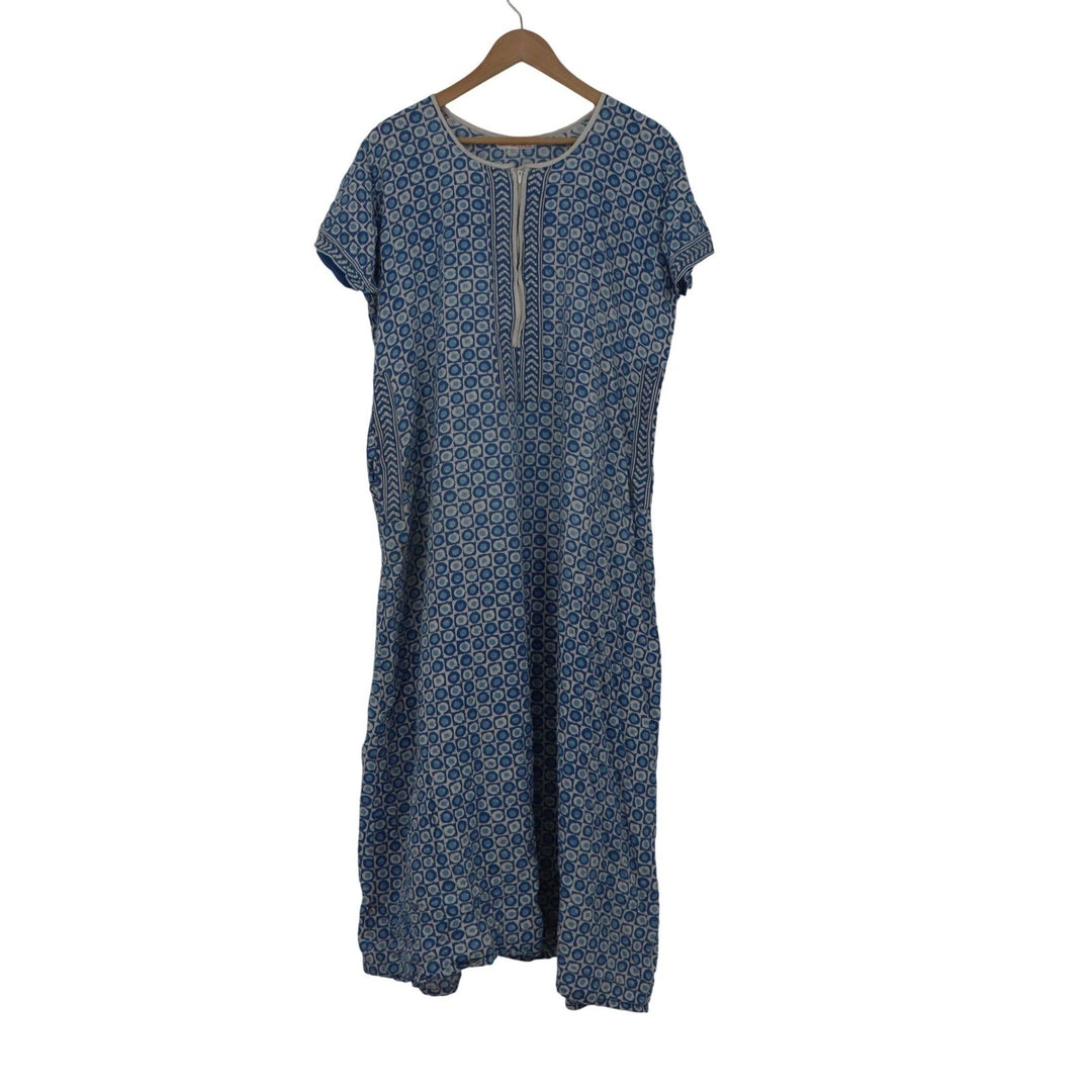 Bamboo Tree Blue White Block Print Zip Front Kaftan Maxi Dress Womens Large