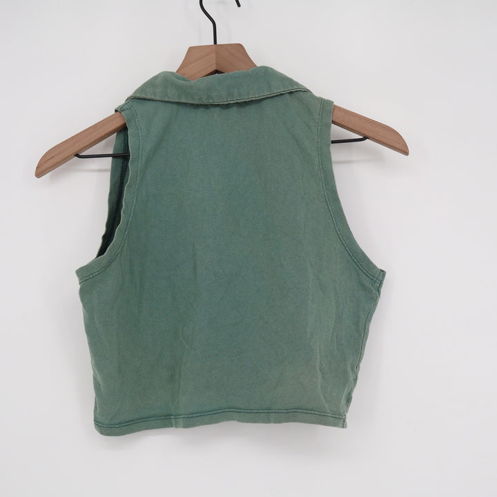 RSQ Womens Sleeveless Polo Crop Top Green Embroidered Crest Logo Size M Cotton