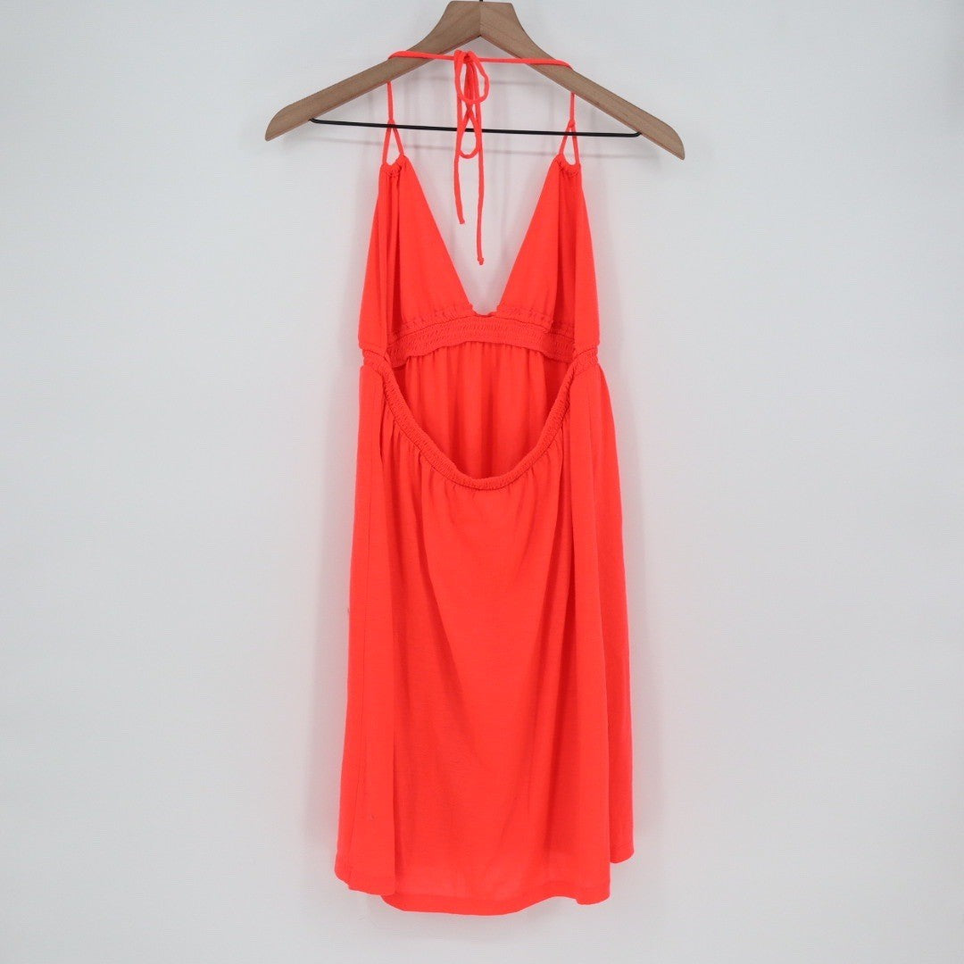 Neon Coral Halter Neck Smocked Waist Mini Dress L