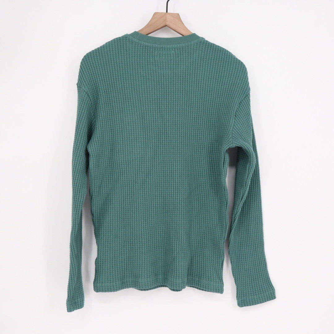 AMERICAN GIANT Waffle Knit Crewneck Pocket Long Sleeve Shirt Green Size S