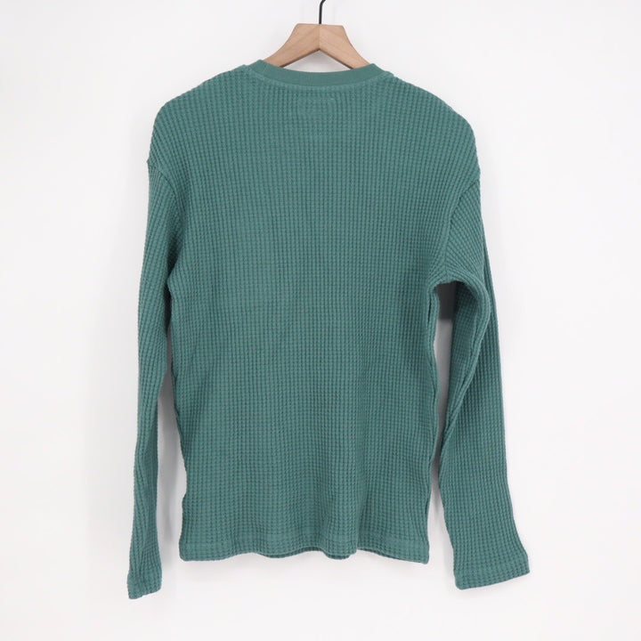 AMERICAN GIANT Waffle Knit Crewneck Pocket Long Sleeve Shirt Green Size S