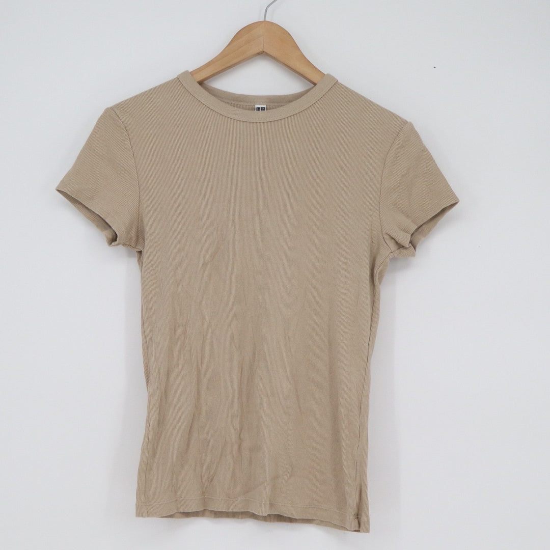 Uniqlo Ribbed Crew Neck T-Shirt Tan Beige Short Sleeve Slim Fit Small