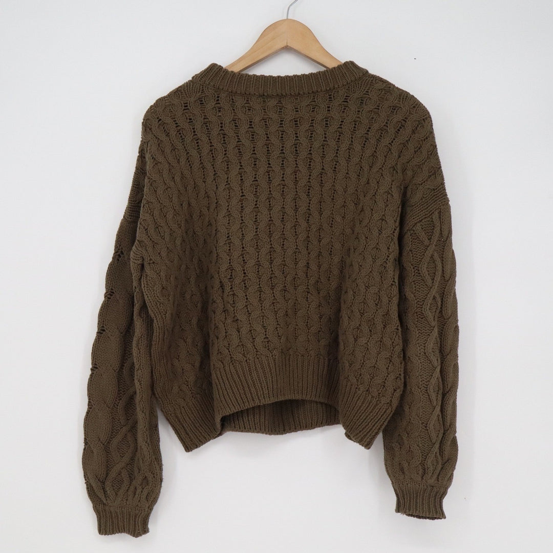 Moon & Madison Olive Green Cable Knit Sweater Crew Neck Chunky Pullover Medium