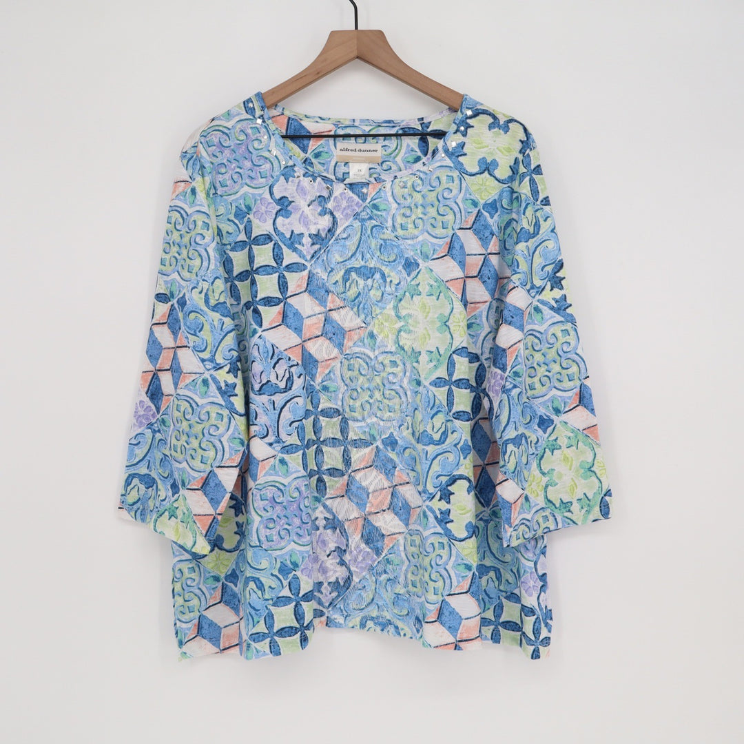 Alfred Dunner Top Womens 2X Pullover Blue Multi Geometric Sequin Excellent