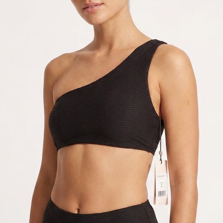 Calia Black One Shoulder Textured Wave Bikini Top UPF 50+ XXS