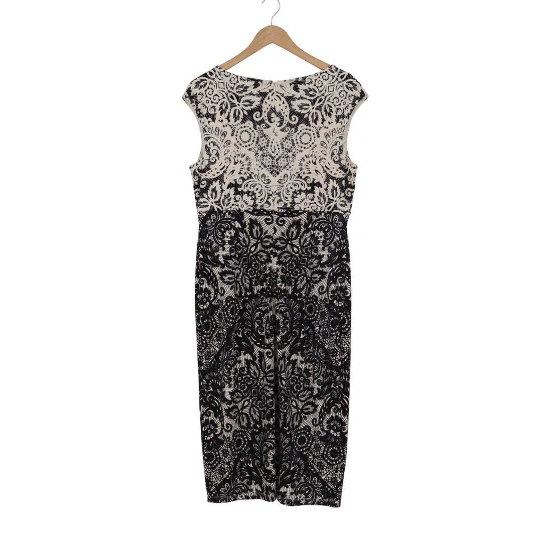 Maggy London Womens Size 12 Black White Damask V-Neck Cap Sleeve Midi Dress