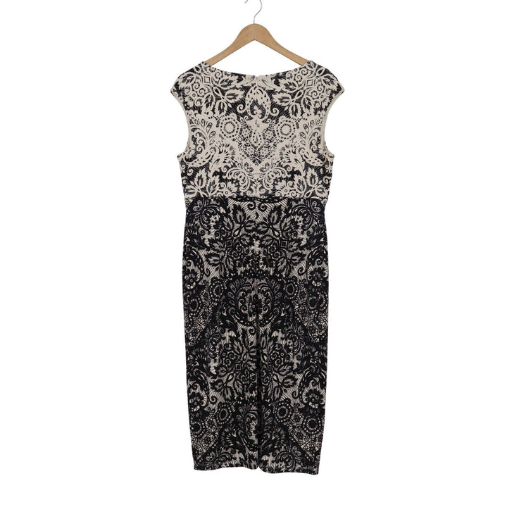 Maggy London Womens Size 12 Black White Damask V-Neck Cap Sleeve Midi Dress