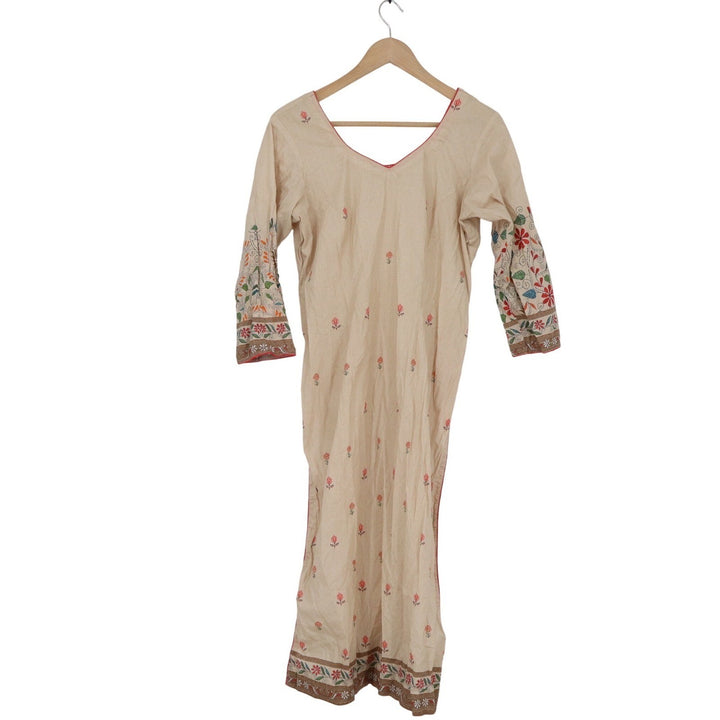 Unbranded Beige Floral Embroidered Kurti Tunic V-Neck Long Sleeve Side Slits