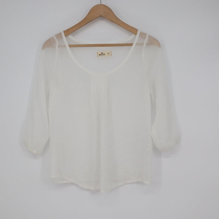 Hollister White Sheer Pleated 3/4 Sleeve Blouse XS Boho Top