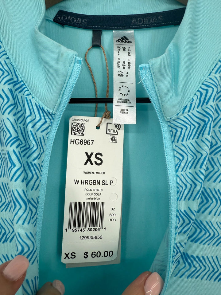 Adidas Polo Shirt Women XS Pulse Blue Herringbone Striped Sleeveless Quarter Zip