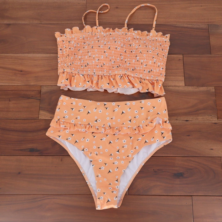 Peach Floral Smocked Bikini Ruffle High Waist Swimsuit XL