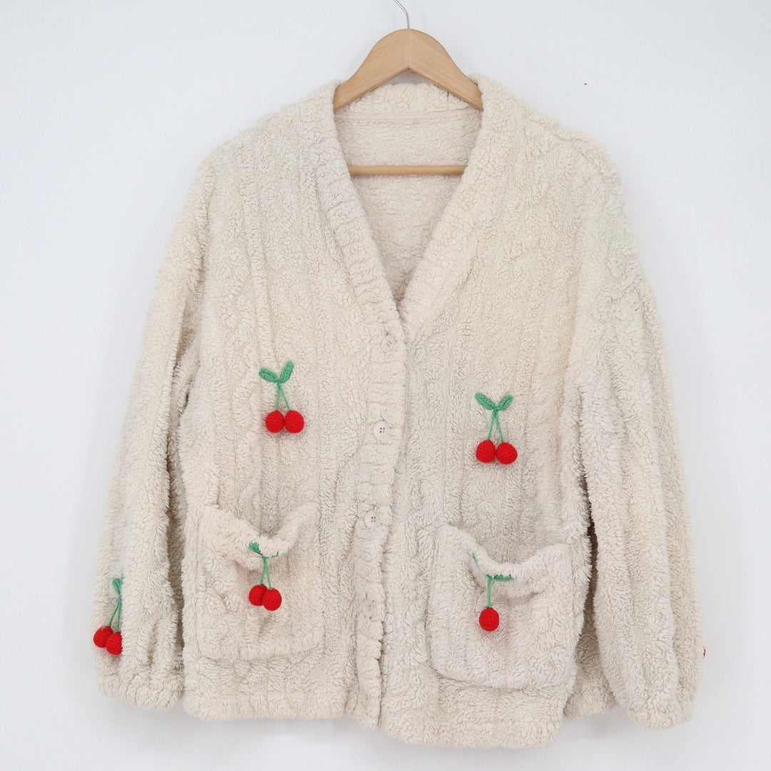 Unbranded Sherpa Fleece Cherry Cardigan Cream 3D Crochet Fruit Applique Jacket